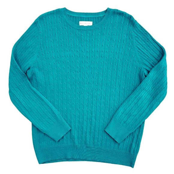 Kim Rogers Sweaters - Kim Rogers all-cotton cableknit sweater in turquoise teal shade / Women's Large